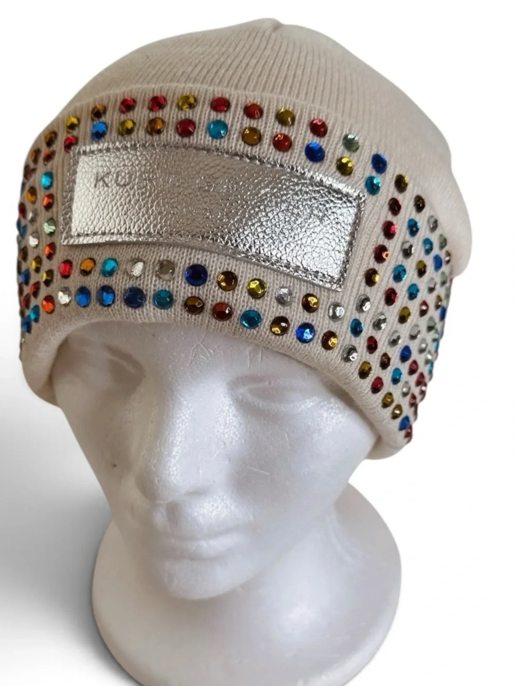Kurt Geiger London Cream Rainbow Crystal Embellished Wool Blend Beanie NWOT